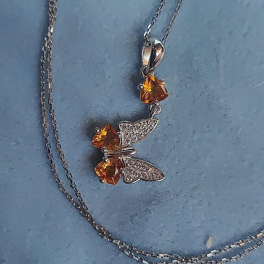 Rich Citrine Butterfly STERLING Necklace, genuine gemstone